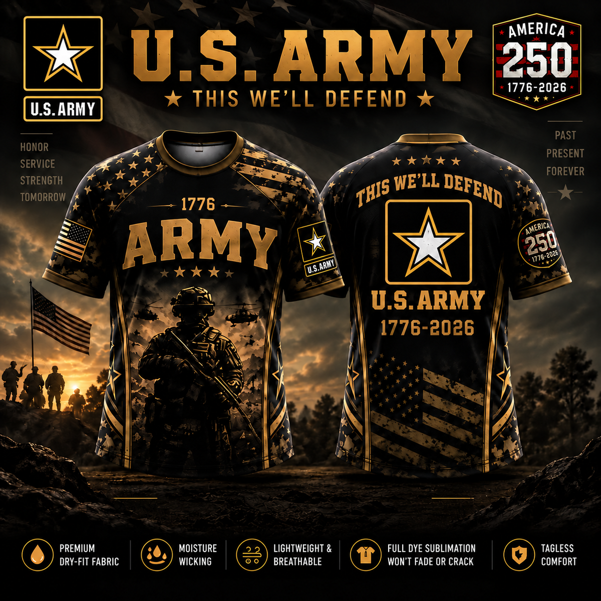 U.S. Army America 250 all-over-print shirt front and back