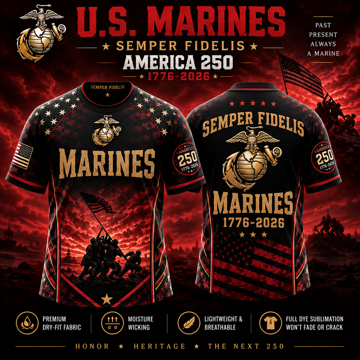 U.S. Marines America 250 all-over-print shirt front and back
