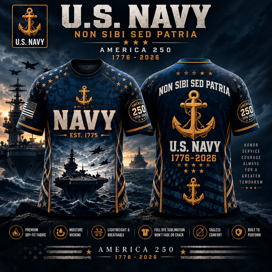 U.S. Navy America 250 all-over-print shirt front and back