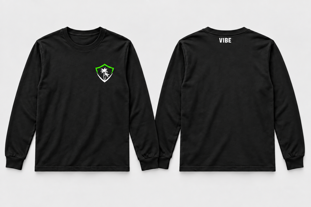 VIBE Core Black Long Sleeve Shirt front and back, star-free logo