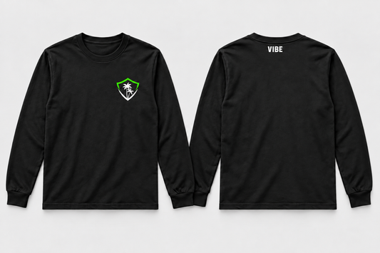 VIBE Core Black Long Sleeve Shirt front and back, star-free logo
