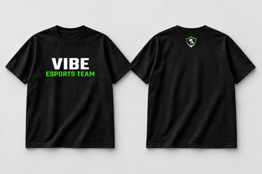 VIBE Core Black T-Shirt front and back, star-free logo