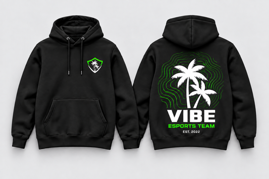 VIBE Night Palms Hoodie front and back, star-free logo