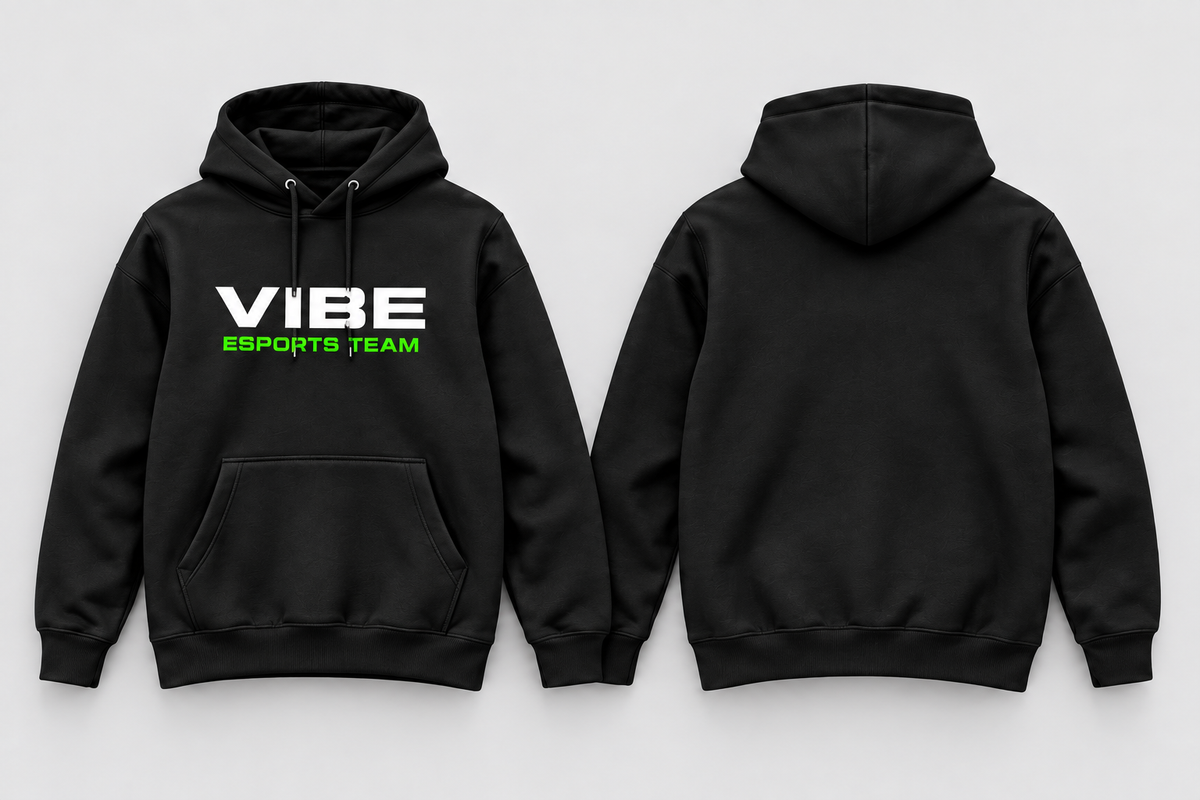 VIBE Core Black Hoodie front and back mockup