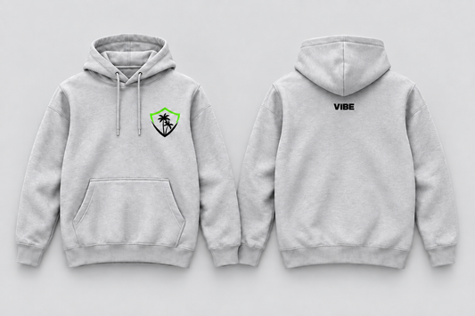 VIBE Core Ash Hoodie front and back, star-free logo