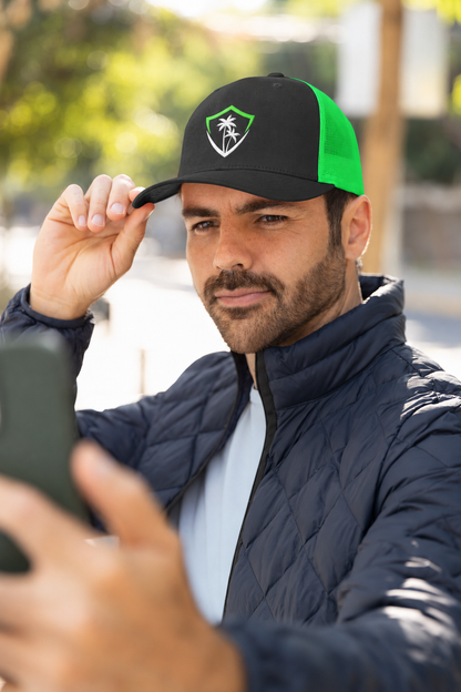 Official VIBE shield black and neon green trucker hat
