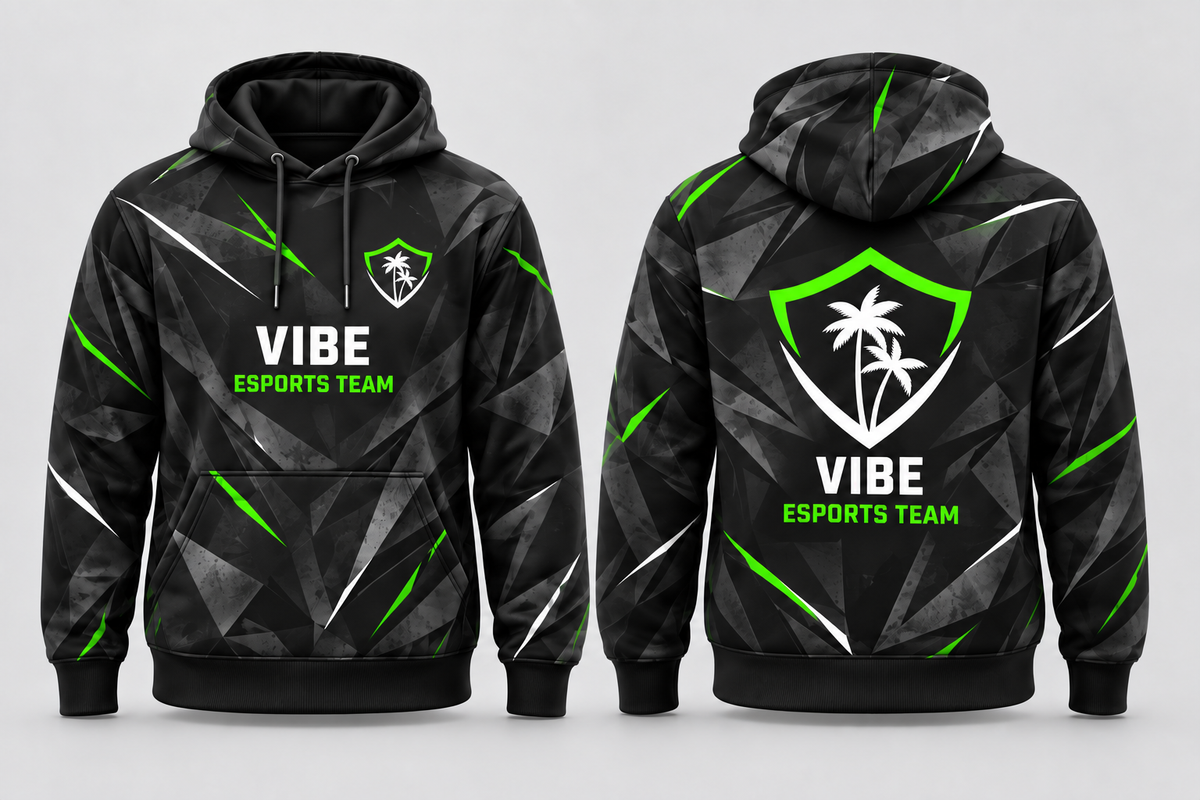 VIBE Shadow Fracture All-Over Sublimation Hoodie front and back, star-free logo