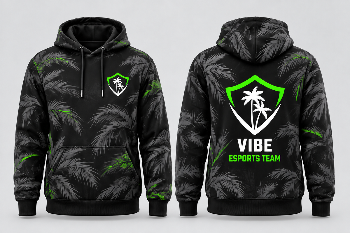 VIBE Stealth Palms All-Over Sublimation Hoodie front and back, star-free logo