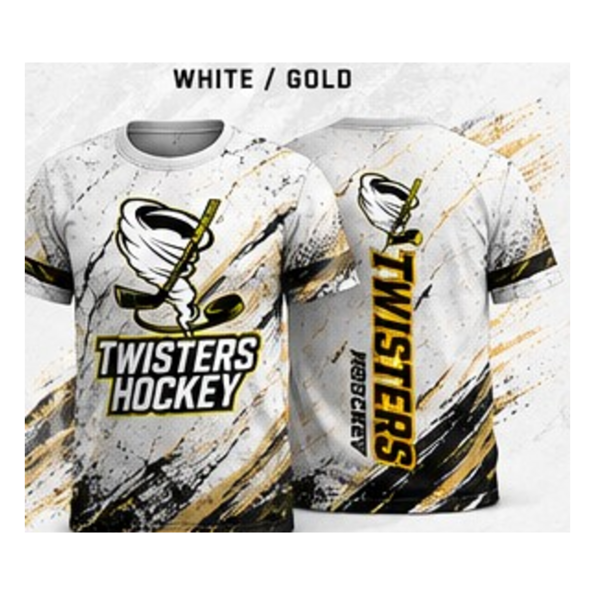 Twisters White / Gold performance T-shirt front and back
